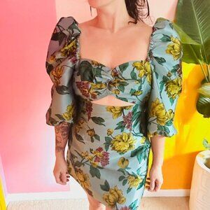 ASOS Salon Floral Jacquard Puff Sleeve Cut Out Dress - 8